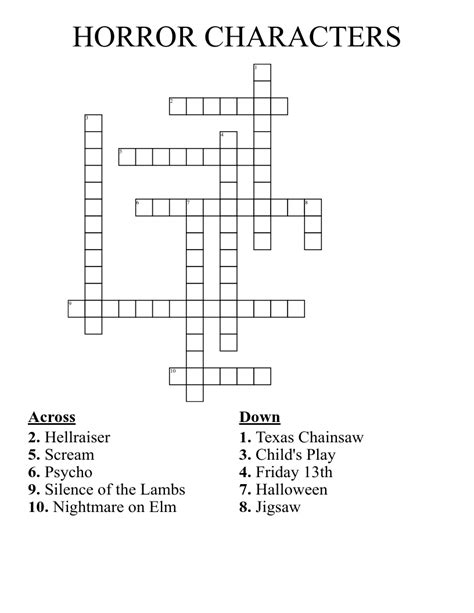 Grim figure in horror films Crossword Clue. The Crossword Solver found 30 answers to "Grim figure in horror films", 6 letters crossword clue. The Crossword Solver finds answers to classic crosswords and cryptic crossword puzzles. Enter the length or …
